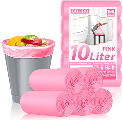 QILERR 10L Small Bin Liners Bathroom Bin Bags 160 Pack - Extra Thick Pink Heavy Duty Pedal Waste Bags for Kitchen, Office, Fits 10-15 L Rubbish Bin