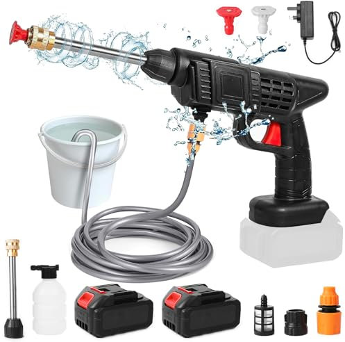 Pistola de Agua a presión 30Bar, Hidrolimpiadora de Alta Presion con 6000mAh Batería, Manguera 5m, Pistola Limpiadora a Presión Bateria, Lavado a Presion para Limpiar Coche, Jardín (2 baterías)