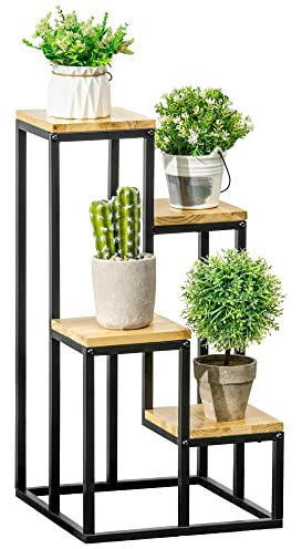 Outsunny Scaffale Porta Piante da Interno a 4 Livelli, Scaffale Porta Fiori e Vasi in Metallo e Legno di Abete per Interni ed Esterni, per Giardino, Balcone e Soggiorno, 34x34x66cm, Colore Legno