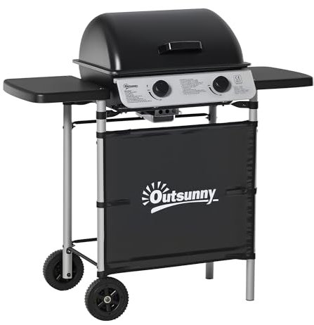 Outsunny Barbacoa de gas con 2 quemadores de acero inoxidable, potencia de 2,8 kW, barbacoa de jardín con 2 parrillas cromadas, 2 estantes laterales, 2 ruedas, para camping, balcón y terraza, negro