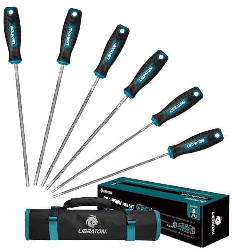 LIBRATON Kit Afilar Motosierra, 6 Piezas Profesional Limas de Motosierra con Mango, Juego de Lima para Afilador de Motosierra, 4,0mm, 4,8mm, 5,5mm Limas Redondas, para Cadena de Motosierra, con Funda