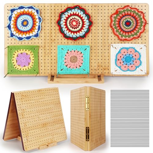 Reessy Crochet Blocking Board and Pins, Large Foldable Blocking Board for Crochet-Open: 22in×11in, Folded: 11in×11in, Granny Square Blocking Board, Wooden Blocking Board for Crocheting and Knitting