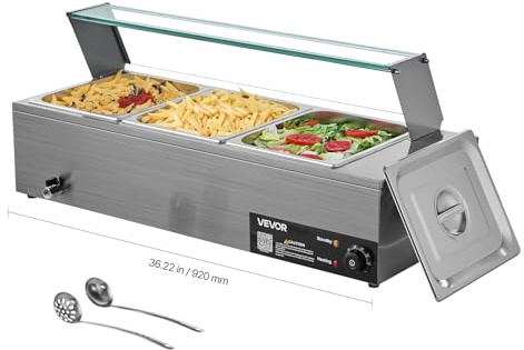 VEVOR Chauffe-Plat Électrique à Vapeur 1500 W, Buffet Chauffant en INOX, Bain-Marie avec 3 Bacs, Couvercle en Verre et Louches à Soupe et Perforées, pour Servir Buffet en Libre-Service Restauration