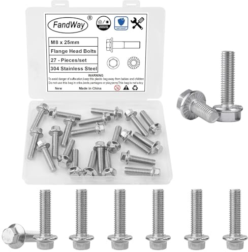 FandWay 27 Pièces Boulons À Bride Hexagonale M8x25mm Vis À Tête Hexagonale Avec Bride En Acier Inoxydable A2 (V2A/304) Filetage Complet Pas De Filetage 1,25mm