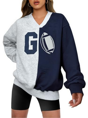 VILOVE Football Sweatshirts Women Game Day Long Sleeve Shirts Football Team Pullover Sunday Funday Casual Tops Blue