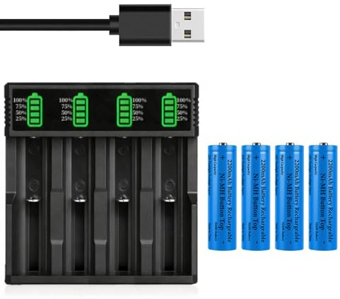 Universel Pile Chargeur avec 4 Pack 2200 mAh Button Top Pile Rechargeables NiMH, 4 Sel USB Batterie Chargeurs, pour Lampe Frontale LED, Mini Ventilateurs, Pile Taille:18.01mm * 67.01mm