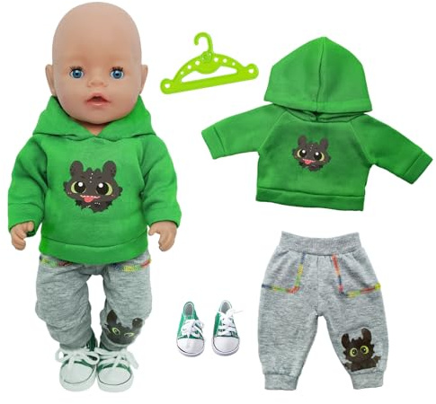 Abbigliamento per bambole 30-45 cm Abbigliamento per bambole Newborn Include 1 felpa con cappuccio verde, 1 pantaloni grigi, 1 paio di calzini, 1 appendiabiti per bambole da 12-18 pollici, regalo per