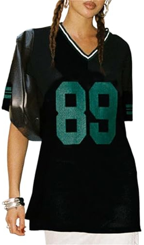 Anuedgis Camisetas Jersey Y2K Oversized para Mujer Lindas Cuello en V Gráfico de Números Camiseta de Baloncesto de Verano para Salir Top Varsity Ropa Estética, J-negro, XL