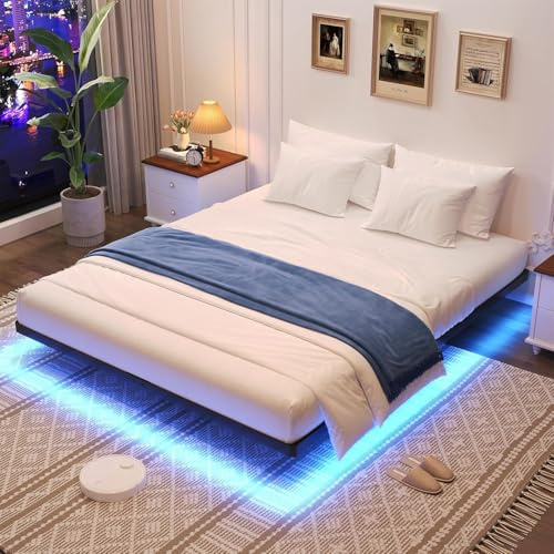 4ft6 Double Bed Frame,Floating Bed Frame with LED Lights,135x190cm Heavy Duty Metal Slats Support Bed Base For Adults&Teenager Kids,500kg Weight Capacity,Easy Assembly,Noise Free,No Mattress,Black