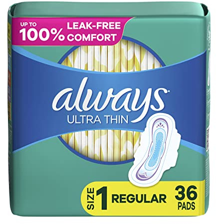 Always Ultra Thin Sanitary Pads for Women Size 1 Regular Absorbency with Wings Unscented 36 Count