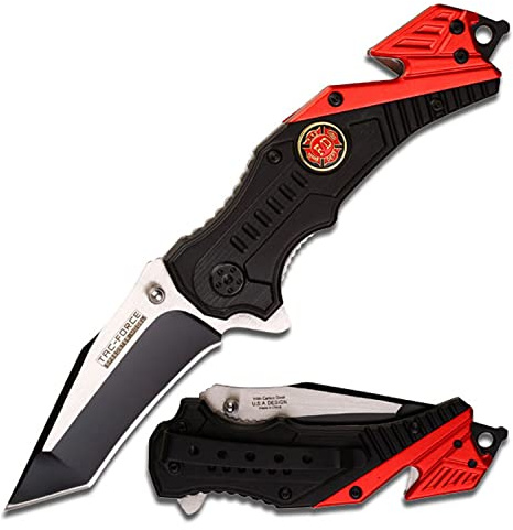 Tac-Force Pocket Folding Pocket Knife – Black/Satin Finish Blade, Black/Red Aluminum Handle w/Fire Dept Logo, Rope Cutter, Glass Punch, and Pocket Clip, Tactical, EDC, Rescue - TF-640FD