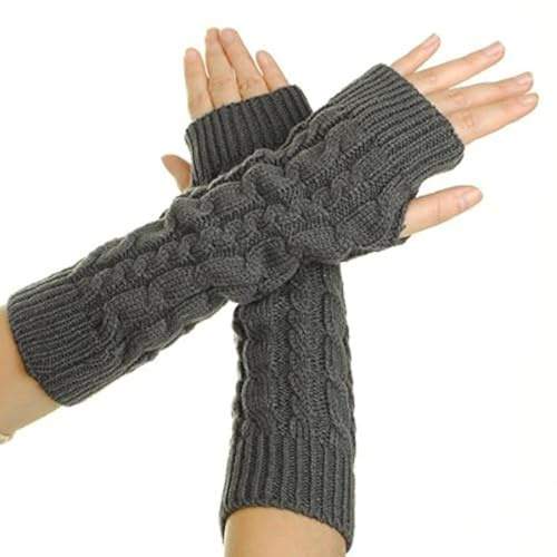 Flammi Women's Cable Knit Fingerless Gloves Arm Warmers Thumb Hole Grey