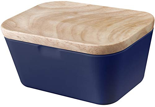BRUNNER Melamin Butterdose Butter Schale Behälter Holz Brett Deckel Eckig blau
