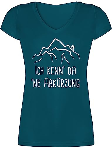 T-Shirt Damen V Ausschnitt - Hobby Outfit - Ich Kenn' da 'ne Abkürzung - L - Türkis - wandershirts Berg t-Shirts wandershirt Spruch Berge Tshirt Wanderkleidung Hiking Shirt wandertshirt Wander