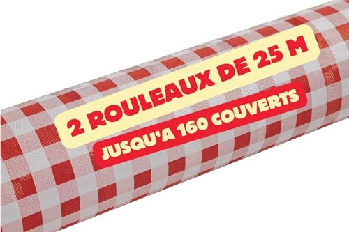 SANYGIENE Rouleau Nappe Papier Jetable Vichy Carreaux Rouge et Blanc | 2 Rouleaux de 25 M = 50 M | Largeur 1,20 M | Brasserie - Bistro Rétro - Bouchon Lyonnais - Guinguette | Kit 166 Couverts