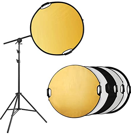 Selens Reflector redondo 5 en 1 para fotografía de 110 cm con trípode de luz de 200 cm, kit para estudio fotográfico, retrato, difusor redondo, dorado, plateado, blanco/negro/transparente