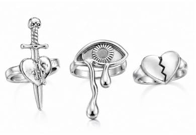 Yienate Punk Teary Eyes Knuckler Fingers Ring Silver Vintage Love Dagger Joint Knuckle Ring Heartbreak Ring 3 st Set Fingers Band Stapelbar Knuckle Midi Ringar för Kvinnor Flickor