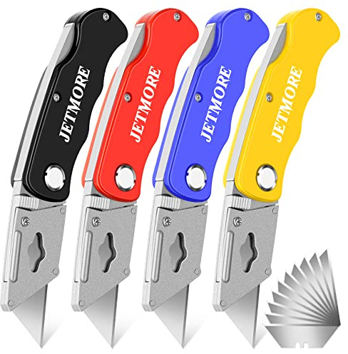 JETMORE 4 Pack Folding Utility Knife Box Cutter Tube Cutters with Extra 10Pcs Blades Cutters for Home Office Warehouse Durable Razor Knife Box Knife Box Opener Box Cutter with Clip Navajas de Trabajo