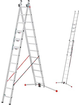 Hailo Master S110 Pro Mehrzweckleiter - 2-teilige, klappbare Aluminium-Leiter - als Schiebe-, Bock- und Anlegeleiter nutzbar - Höhe bis 5,36 m - Gewicht: 24 kg