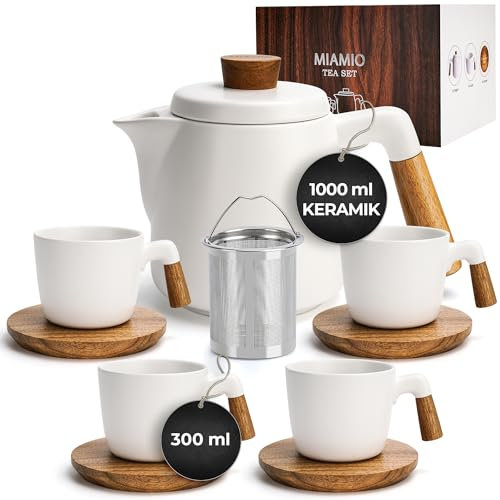 MIAMIO – Juego de tetera de cerámica de 1000 ml con infusor y tazas/colador de té, 4 tazas de té de cerámica (300 ml), platitos de bambú/asa para el hogar y el despacho (Blanco)