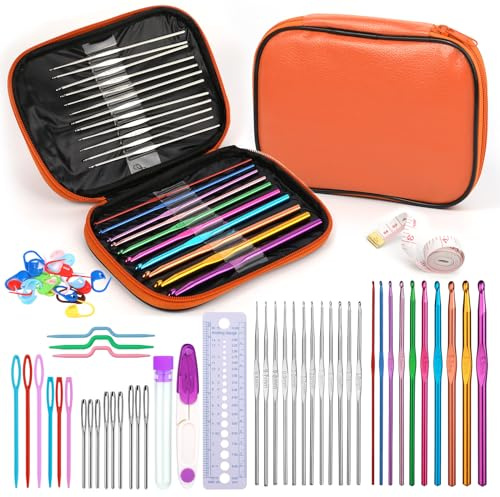 Ruasol 60-teiliges Häkelnadel-Set, Häkelnadel-Set mit Handnähnadeln mit Aufbewahrungsbox, ergonomisches Häkelset, Anfänger-Häkelset für Bastelkunst und arthritische Hände (orange)