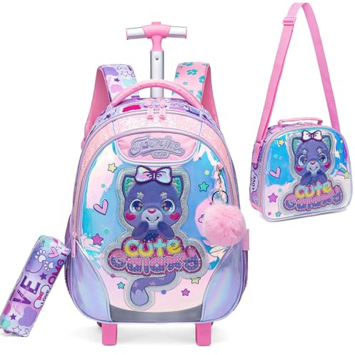 HTgroce Cartable a Roulette Fille Primaire, Cartables Scolaire Trolley Bag Sac à Dos avec roulettes Cartable Ensemble de Sac de Voyage pour L'école, Le Voyage, la randonnée.