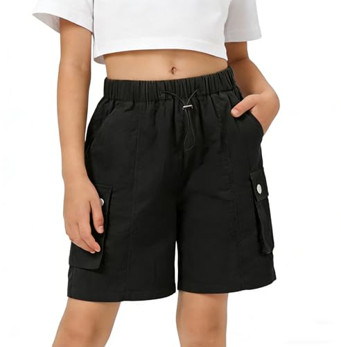 Rolanko Enfant Shorts Fille Sport Actif Èté Cargo Bermudas Shorts pour Ado Course Gym Pantalon Court Parachute, Noir, Taille: 11-12 Ans/160