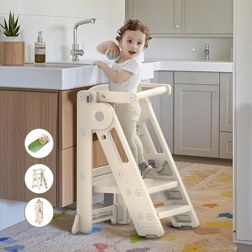 hoopyosms Lernturm Klappbar für Kinder, Faltbarer Montessori Lernturm, Höhenverstellbarer Tritthocker für Küche, Bad und Kinderzimmer, Multifunktional Lernturm ab 1 Jahr (Classic, Beige)