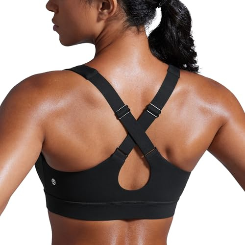 CRZ YOGA Women's Butterbreeze V Neck Sports Bras - Adjustable Straps Criss Cross Back Padded Wireless Running Workout Bra Black 10