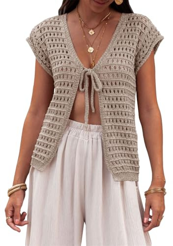 Saodimallsu Cárdigan de verano para mujer, cuello de pico, sexy, boho, manga corta, con frente abierto, crochet ligero, para playa, bikini, cárdigan corto