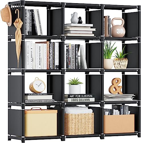 Tienily Cube Storage Unit, DIY Bookcase, Portable Metal Bookshelf, Tall Book case for Bedroom, Living Room, Study Room, Office, Closet, Black Cubicle Rack (Black, 12-Grid)