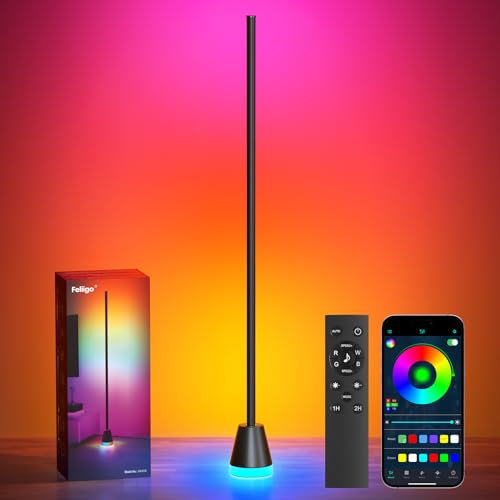 Feliigo LED Floor Lamp, Smart RGB Lamp with App and Remote Control, 16 Million Colours, Music Sync, DIY Mode, Timer, Dimmable Corner Floor Lamp for Living Room, Bedroom, Gaming Room - 150cm