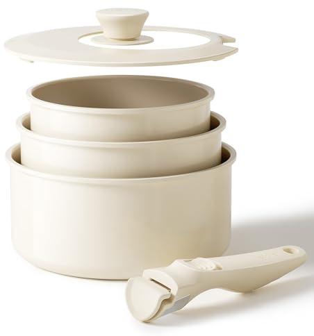 Redchef Ceramic Saucepans Set 16/18/20 cm with Removable Handle, Pot Set Induction Safe, Non-Stick, Space Saving, Stackable Design, PFAS PFOA & PTFE Free (Beige)