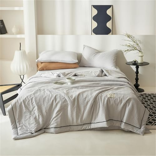 Odot Couette Réversible Ete Legere et Fine, Couette sans Housse Seersucker Lavable - Douce et Confortable, Légère et Respirante Couverture Quilting d'Été (Rayé Gris,200 * 230cm)