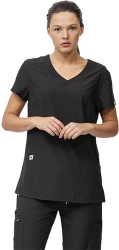 WORKTEAM Casaca Sanitaria Entallada Mujer, Tejido Elástico, Cuello en V. Camisa Médico, Enfermera, Dentista, Estética, Veterinaria. Mujer Negro M