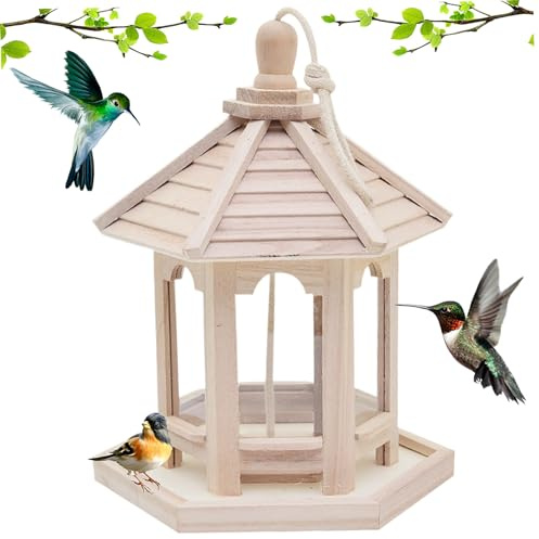 Alimentador de pájaros de Madera, comederos de Madera en Forma de casa de 20x20x25cm en Forma de casa para al Aire Libre, estación de Comida para pájaros Colgantes para Regalos de Amantes de Las Aves