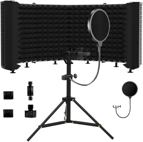 Geynnple Microphone Isolation Shield – Foldable & Adjustable Soundproof Panel for Recording, Podcasting, Vocal Booth, Studio & Home Use (Six-sided low stand)