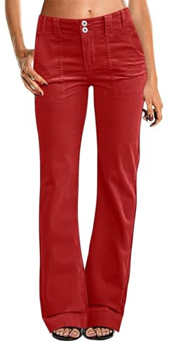 Pantalon en jean pour femme taille basse bootcut, denim vintage, coupe droite, jambe large, pantalon décontracté uni, coupe droite, pantalon de jogging confortable, coupe droite, rouge, M