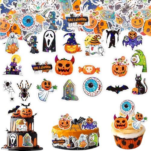 CHIHOLEN 60 adornos para tartas de Halloween, decoración de calabaza, magdalenas de Halloween, decoración para cupcakes, decoración de tartas, fantasma, calabaza
