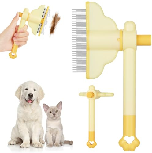 OFFCUP Pet Hair Comb, Cat and Dog Flea Comb, Rotatable Combs Head | Stainless Steel Long and Short Teeth, Self-Cleaning Design, Suitable for Pet Grooming and Hair Removal (Yellow)