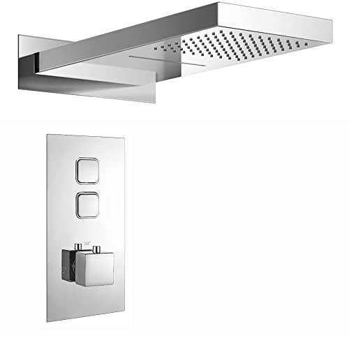 ENKI, Spello, SH0019, Square Thermostatic Concealed Shower Set, Dual Rainfall and Waterfall Overhead Shower, Chrome