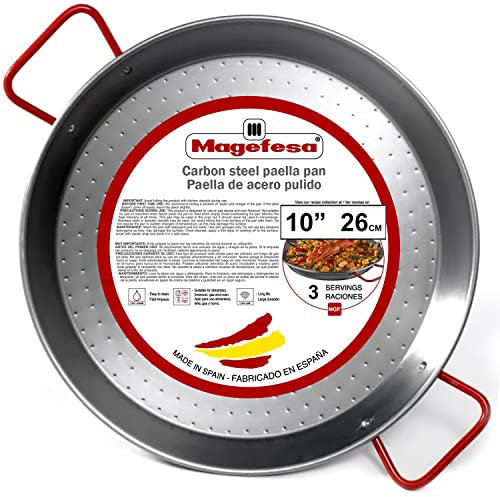 MAGEFESA Carbon - Paella pan 10,5 in - 26 cm and 2 Servings, Made in Carbon Steel, with Dimples for Greater Resistance and Lightness, Ideal for Cooking Outdoors, Cook Your own Valencian Paella
