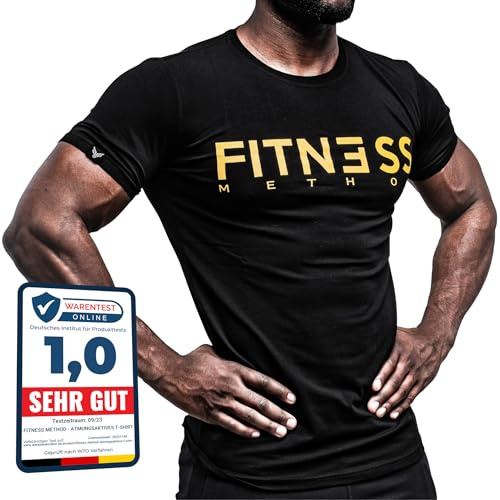 Fitness Method, Sport-t-shirt för män, slim fit-skjorta, bekväm och hög kvalitet, rund hals och midja, träning och fritid, gym och vardaglig träning man, 95 % bomull, 5 % elastan