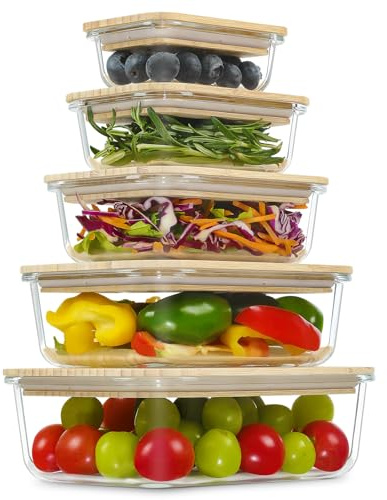 Urban Green Glass Containers with Bamboo Lids, Meal Prep Glass Food storage Container Set, 5 Pack, Pantry & Kitchen Organizer, Microwave, Oven, Freezer Safe