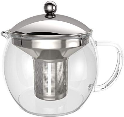 bonVIVO - Théière avec Infuseur à Thé TEMPA avec Passoire en INOX Amovible, Théière pour Thé en Vrac, Theiere en Verre Borosilicaté Résistant à la Chaleur avec Couvercle Argentée, 1,5 Litre