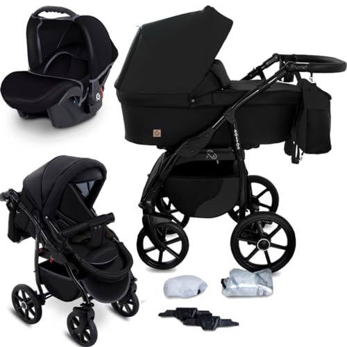 GaGaDumi Boston Kinderwagen 3 in 1 Komplettset mit Autositz - Kombikinderwagen mit großen Rädern - TÜV-zertifiziert - Baby Stroller Set - für Neugeborene und Kleinkinder Schwarz