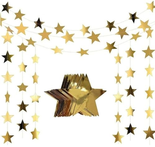 Aatpuss 5 Piezas Guirnalda de Papel de Estrellas, Guirnalda de Papel de Estrellas Brillantes, Guirnalda Estrella Colgante, para Escritorios, Estanterías, Ventanas, Aulas, Vitrinas o Puertas(Dorado)