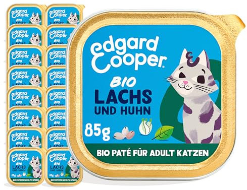 Edgard Cooper Nassfutter für Katzen Bio Lachs und Huhn 85g x 16 Bio Getreidefrei natürlichen Zutaten geeignet für sterilisierte und aktive Katzen hoher Proteingehalt