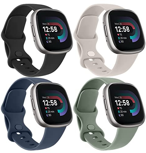 Vancle 4Pack Silikon Sport Ersatzarmband für Fitbit Versa 4/3, Sense 2/1 - Damen Herren (S, Schwarz/Tiefblau/Avocadogrün/Starlight)