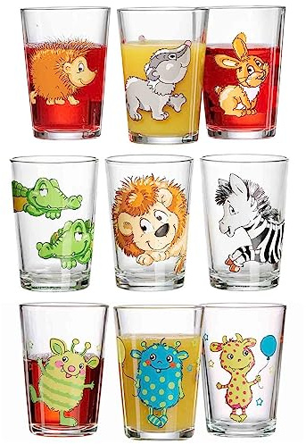 Ritzenhoff & Breker Kinderbecher mit Motiven, 9er Set, 205 ml, Spülmaschinengeeignete Kindergläser, Waldtiere/Happy Zoo/Monsterchen, Bunte Tiermotive